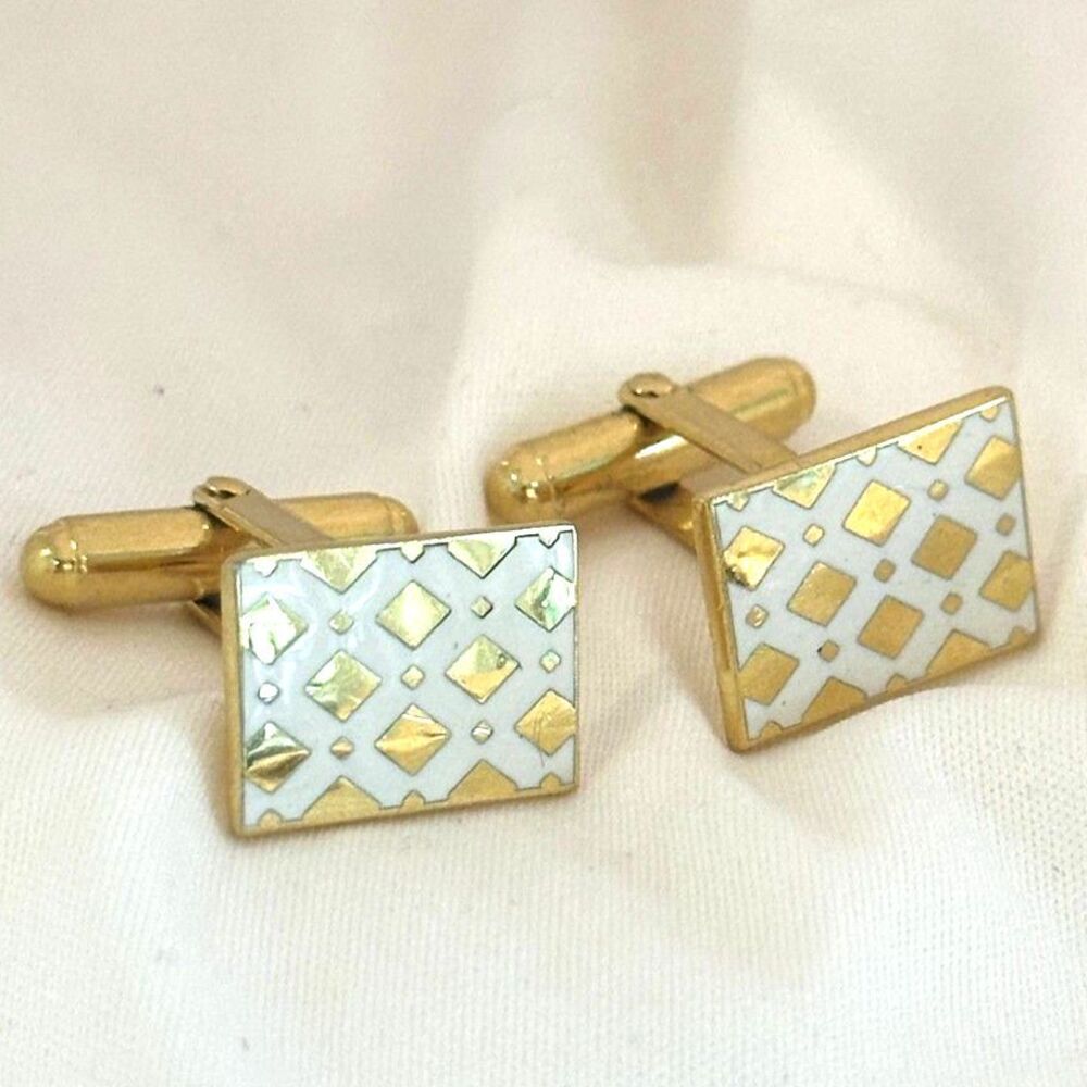 Gold Tone Cufflink with White Lattice Print